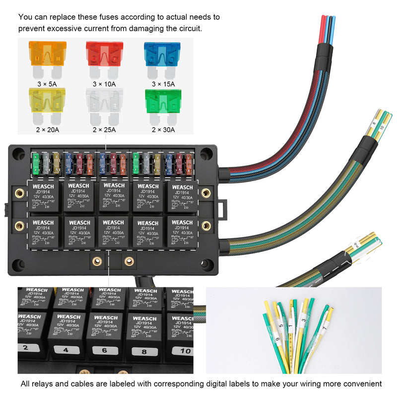 Weasch 12V Relay Box 15 Way Fuse Relay Box, with Pre-Wired, 10 Relays and 15 ATC/ATO Blade Fuses, 5 Pin Relay Block and Kit, for Automotive Car Marine Truck Boat-6
