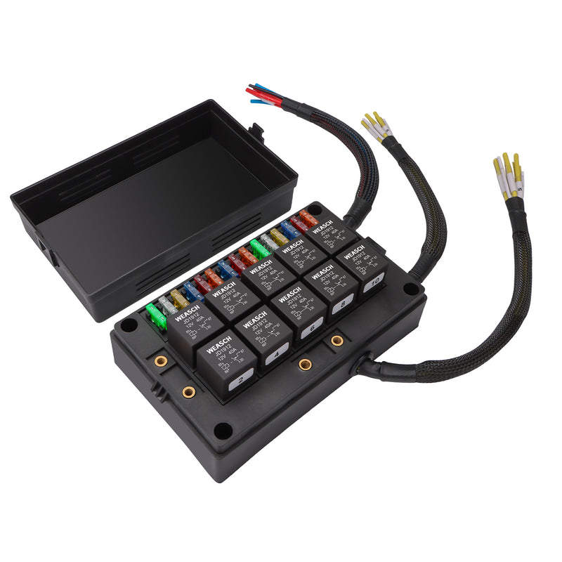 Weasch 12V Automotive Fuse and Relay Box, with Pre-Wired, 10 Relays and 15 ATC/ATO Blade Fuses Panel, 4Pin Relay Block and Kit, for Cars Truck Marine Boat Jeep-1