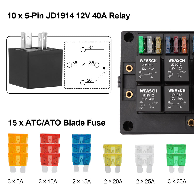 Weasch 12V Automotive Fuse and Relay Box, with Pre-Wired, 10 Relays and 15 ATC/ATO Blade Fuses Panel, 4Pin Relay Block and Kit, for Cars Truck Marine Boat Jeep-2