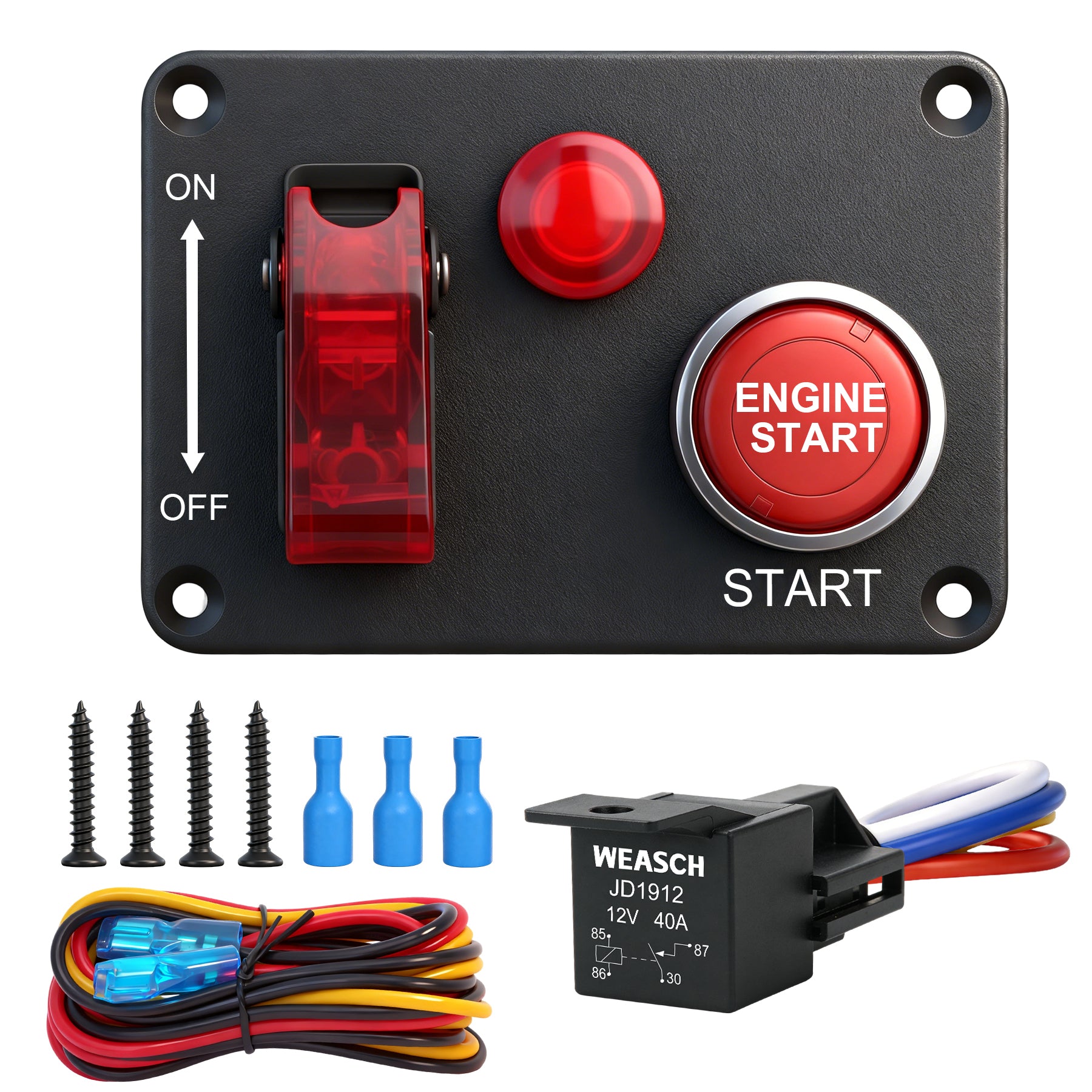 Weasch 12V Ignition Switch Panel, 2 in 1 with Engine Push Button Toggle Switches, with LED Light 12AWG Relay Kit for RV Truck Racing Car Boat Marine Trailer-1