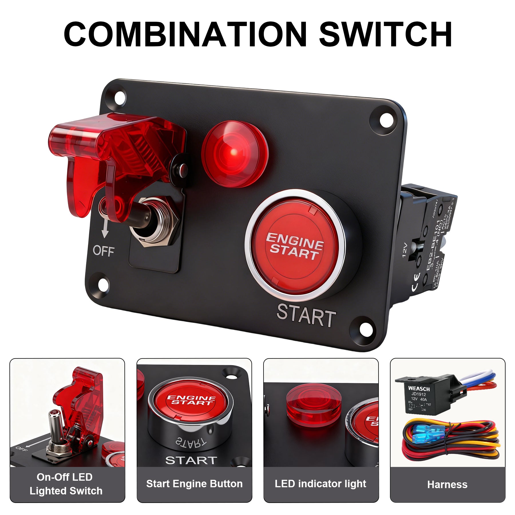 Weasch 12V Ignition Switch Panel, 2 in 1 with Engine Push Button Toggle Switches, with LED Light 12AWG Relay Kit for RV Truck Racing Car Boat Marine Trailer-3