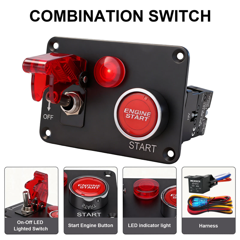 Weasch 12V Ignition Switch Panel, 2 in 1 with Engine Push Button Toggle Switches, with LED Light 12AWG Relay Kit for RV Truck Racing Car Boat Marine Trailer-3