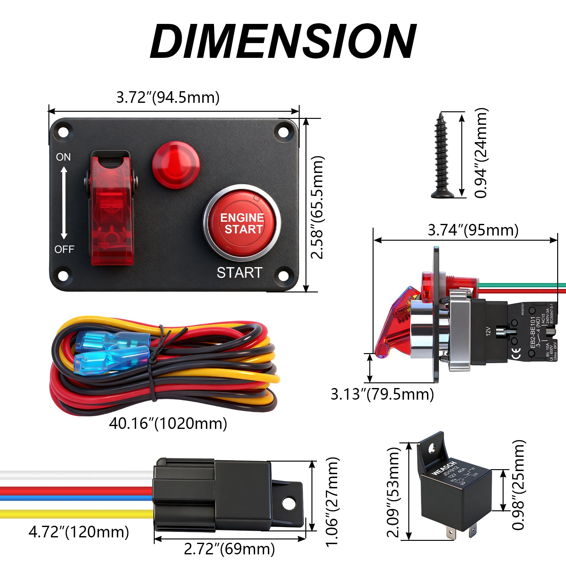 Weasch 12V Ignition Switch Panel, 2 in 1 with Engine Push Button Toggle Switches, with LED Light 12AWG Relay Kit for RV Truck Racing Car Boat Marine Trailer-7