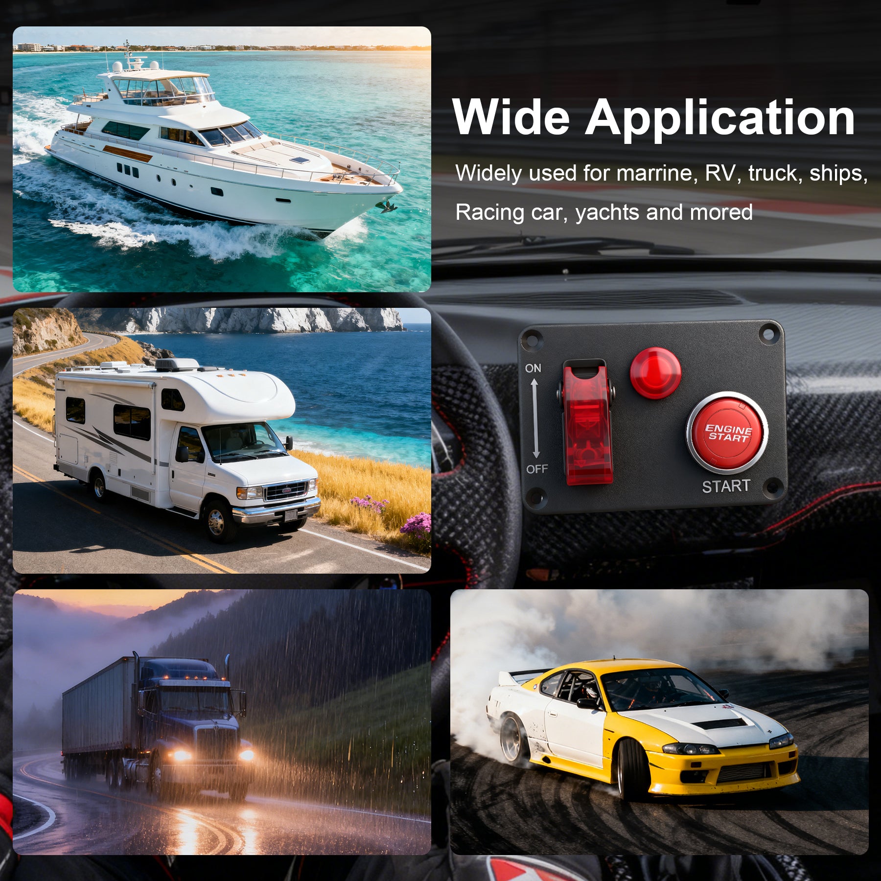 Weasch 12V Ignition Switch Panel, 2 in 1 with Engine Push Button Toggle Switches, with LED Light 12AWG Relay Kit for RV Truck Racing Car Boat Marine Trailer-9