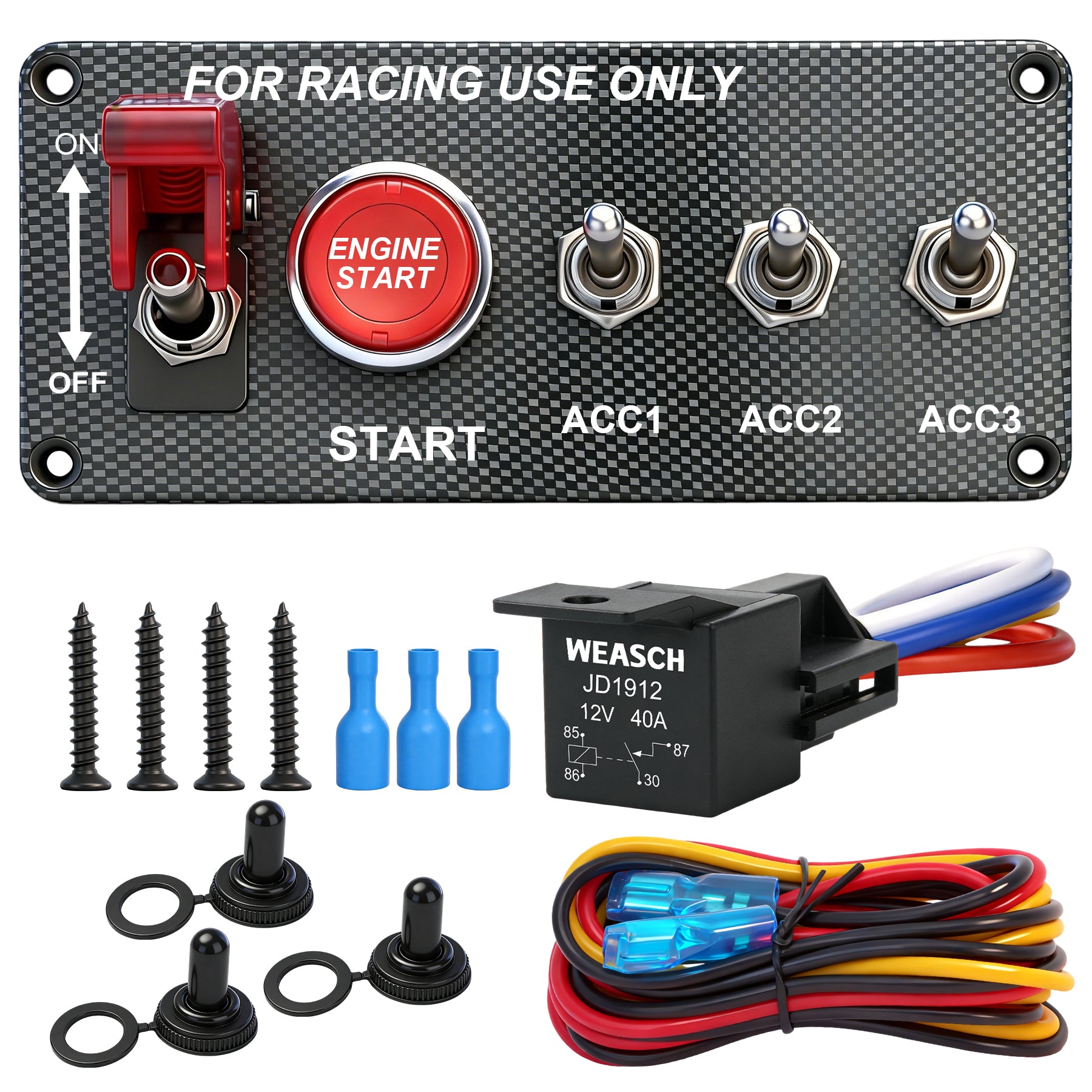 Weasch 12V Carbon Ignition Switch Panel, 5 in 1 with Engine Push Button Toggle Switches, with 12AWG Relay Kit for RV Truck Racing Car Boat Marine Trailer-1