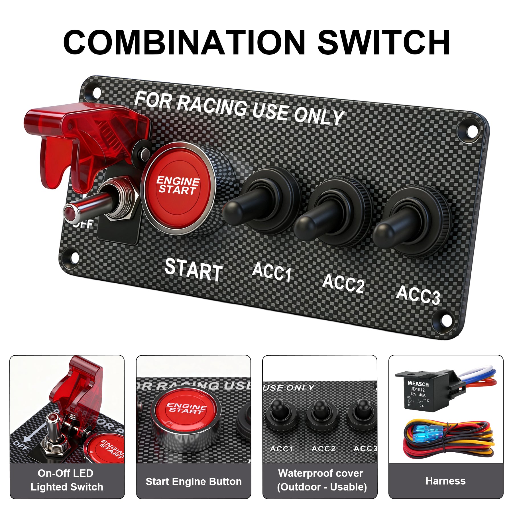Weasch 12V Carbon Ignition Switch Panel, 5 in 1 with Engine Push Button Toggle Switches, with 12AWG Relay Kit for RV Truck Racing Car Boat Marine Trailer