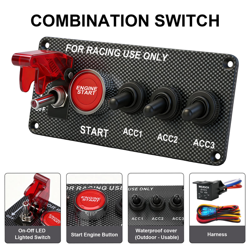 Weasch 12V Carbon Ignition Switch Panel, 5 in 1 with Engine Push Button Toggle Switches, with 12AWG Relay Kit for RV Truck Racing Car Boat Marine Trailer-2