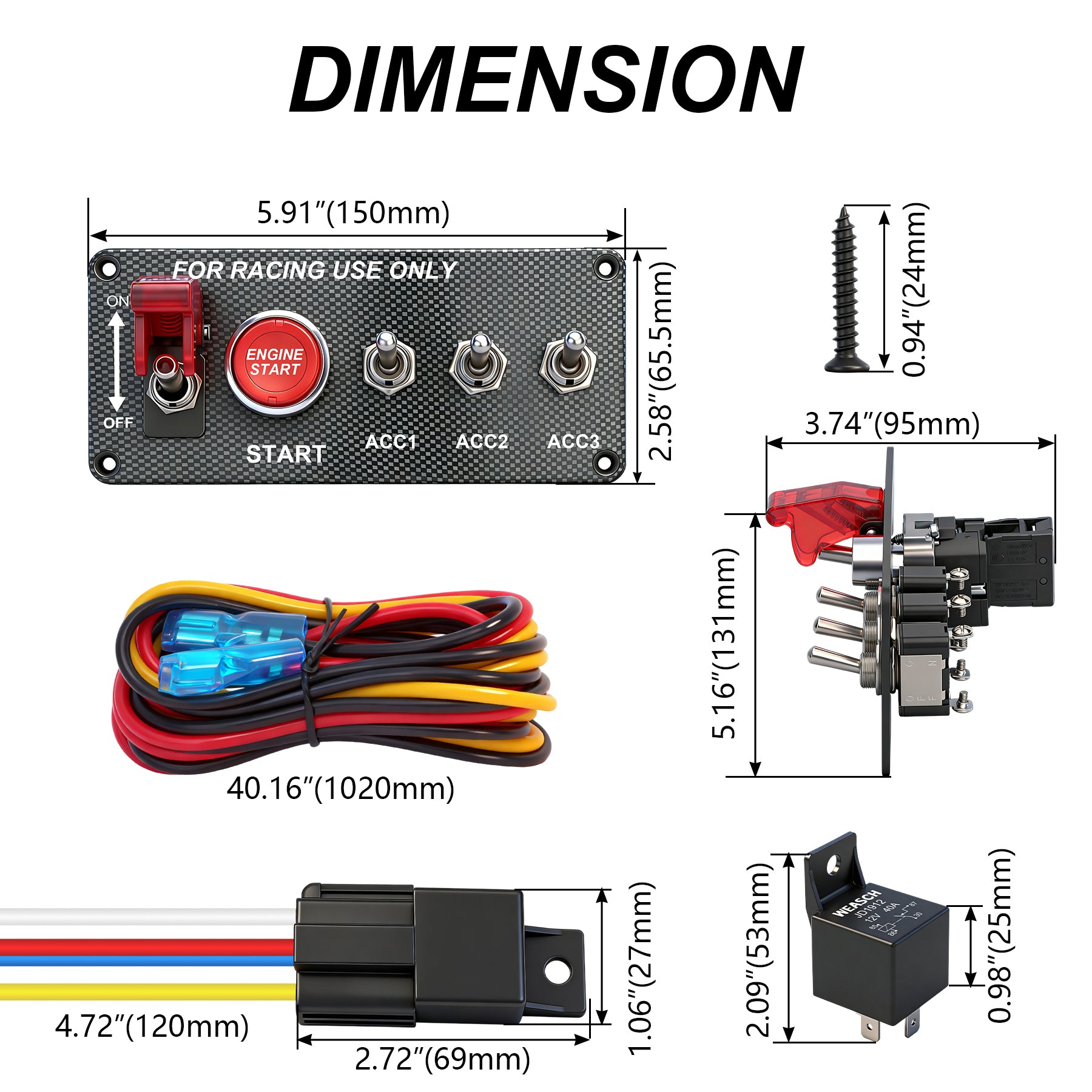 Weasch 12V Carbon Ignition Switch Panel, 5 in 1 with Engine Push Button Toggle Switches, with 12AWG Relay Kit for RV Truck Racing Car Boat Marine Trailer-6