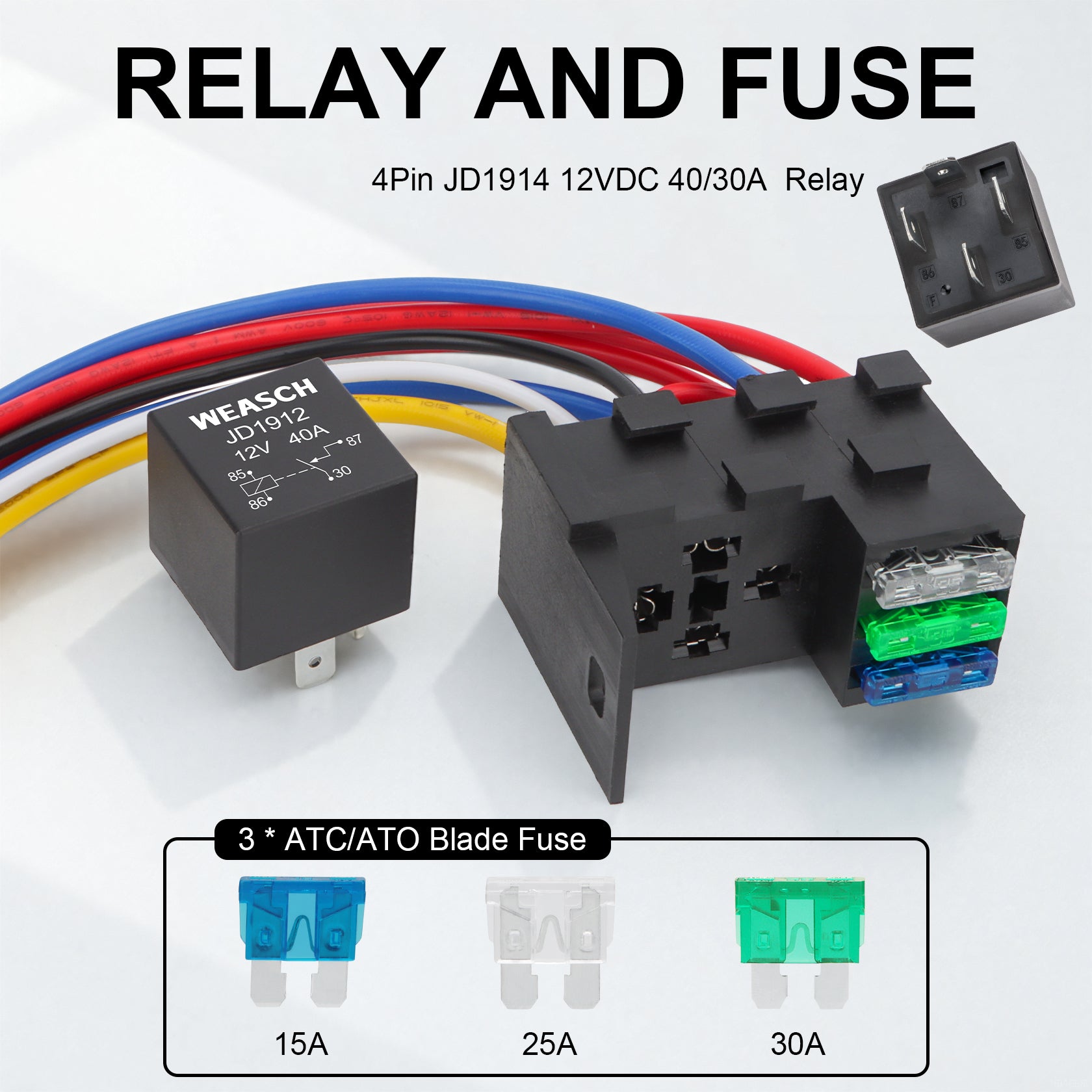 Weasch 12V 3 Way Fuse Relay Kit, 4 Pin SPST 40A, Heavy Duty 12 AWG Copper Wires, with 1 Relay and 3 x ATC/ATO Blade Fuses, for Cars Truck Marine Boat Jeep-7