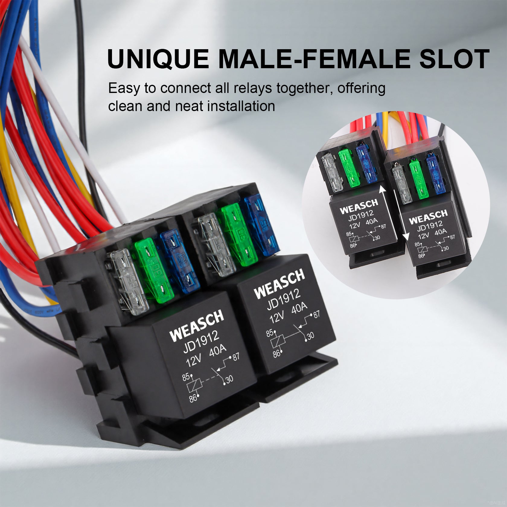 Weasch 12V 3 Way Fuse Relay Kit, 4 Pin SPST 40A, Heavy Duty 12 AWG Copper Wires, with 1 Relay and 3 x ATC/ATO Blade Fuses, for Cars Truck Marine Boat Jeep-4