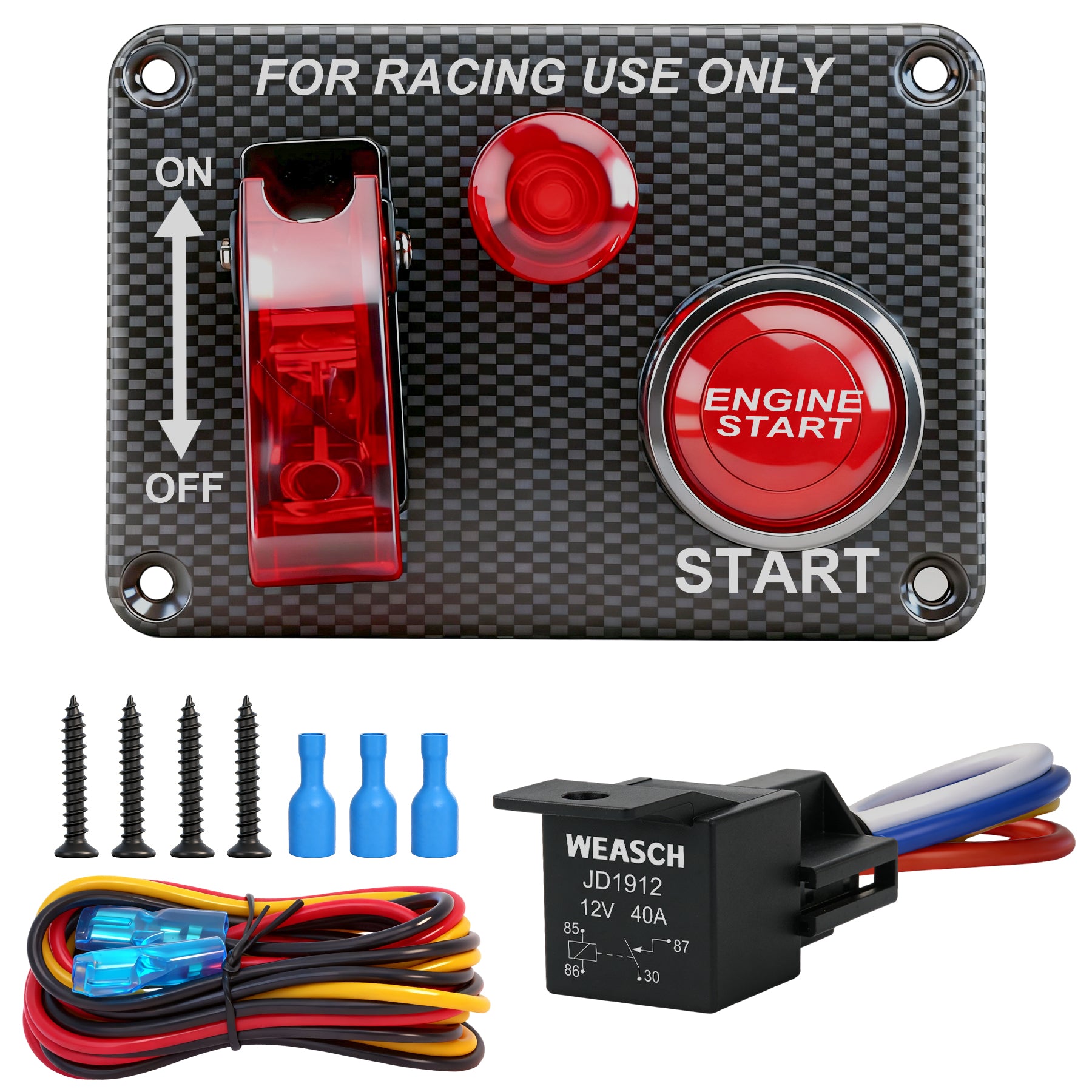 Weasch 12V Carbon Ignition Switch Panel, 2 in 1 with Engine Push Button Toggle Switches, with LED Light 12AWG Relay Kit for RV Truck Racing Car Boat Marine Trailer-1