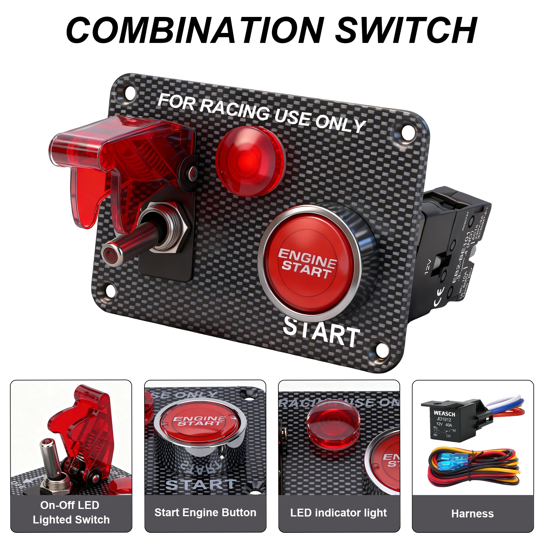 Weasch 12V Carbon Ignition Switch Panel, 2 in 1 with Engine Push Button Toggle Switches, with LED Light 12AWG Relay Kit for RV Truck Racing Car Boat Marine Trailer-5