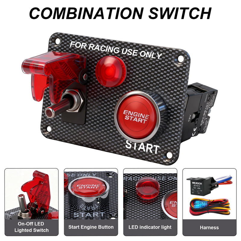 Weasch 12V Carbon Ignition Switch Panel, 2 in 1 with Engine Push Button Toggle Switches, with LED Light 12AWG Relay Kit for RV Truck Racing Car Boat Marine Trailer-5