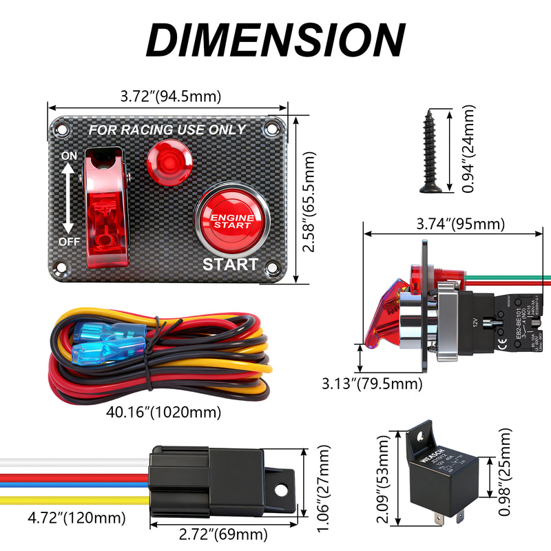 Weasch 12V Carbon Ignition Switch Panel, 2 in 1 with Engine Push Button Toggle Switches, with LED Light 12AWG Relay Kit for RV Truck Racing Car Boat Marine Trailer-6