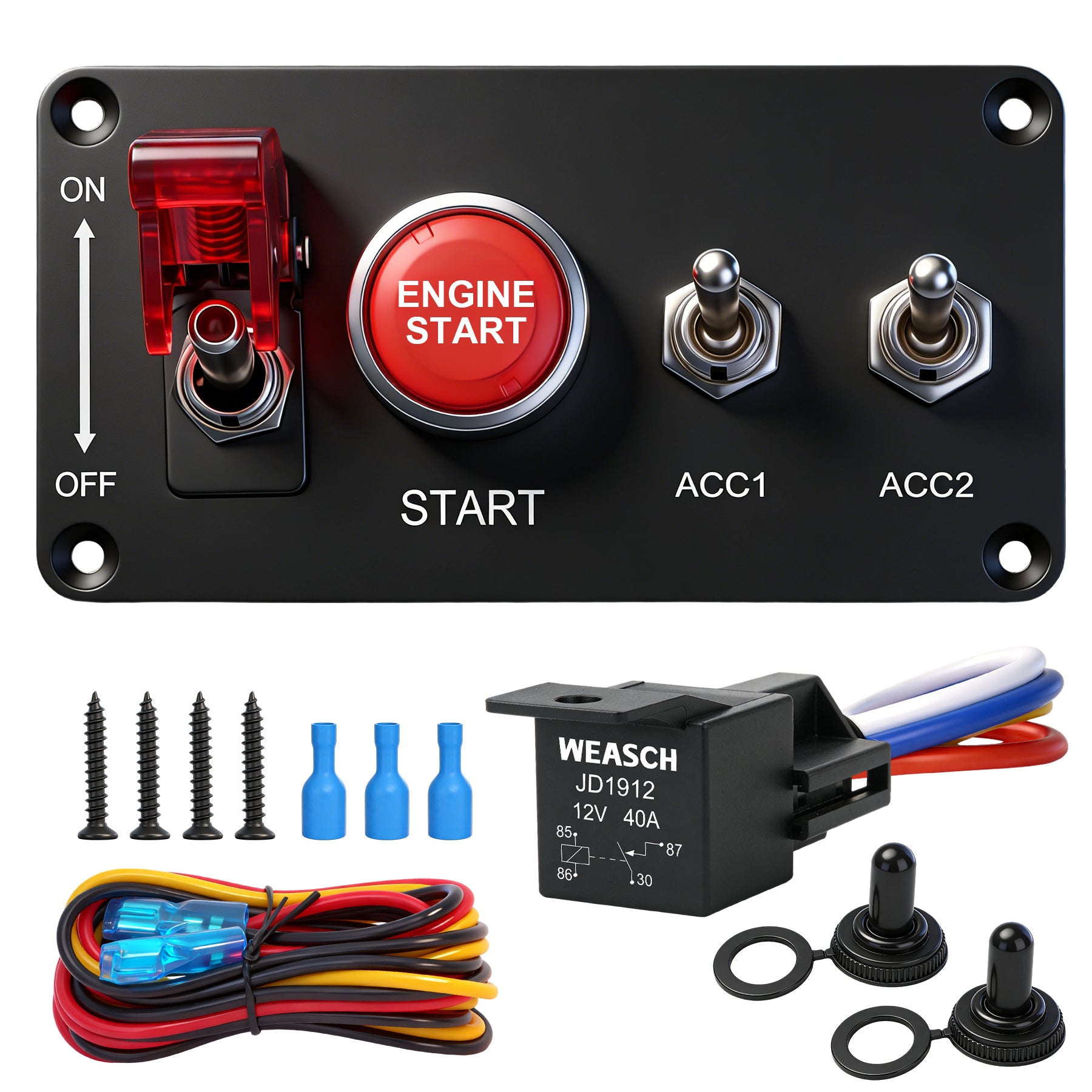 Weasch 12V Ignition Switch Panel, 4 in 1 with Engine Push Button Toggle Switches, with 12AWG Relay Kit for RV Truck Racing Car Boat Marine Trailer-1