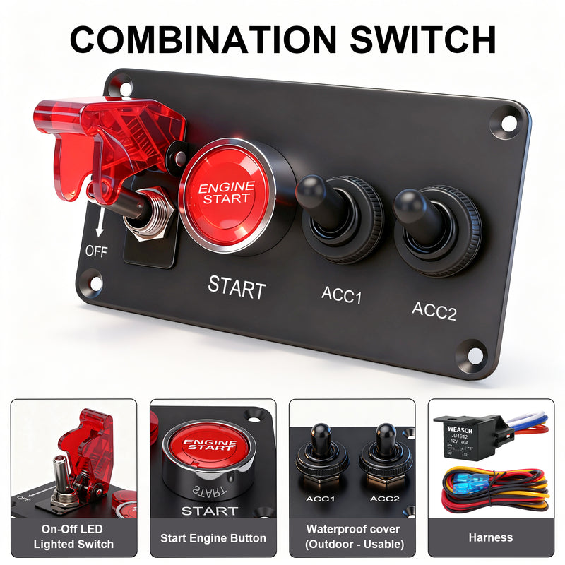 Weasch 12V Ignition Switch Panel, 4 in 1 with Engine Push Button Toggle Switches, with 12AWG Relay Kit for RV Truck Racing Car Boat Marine Trailer-4