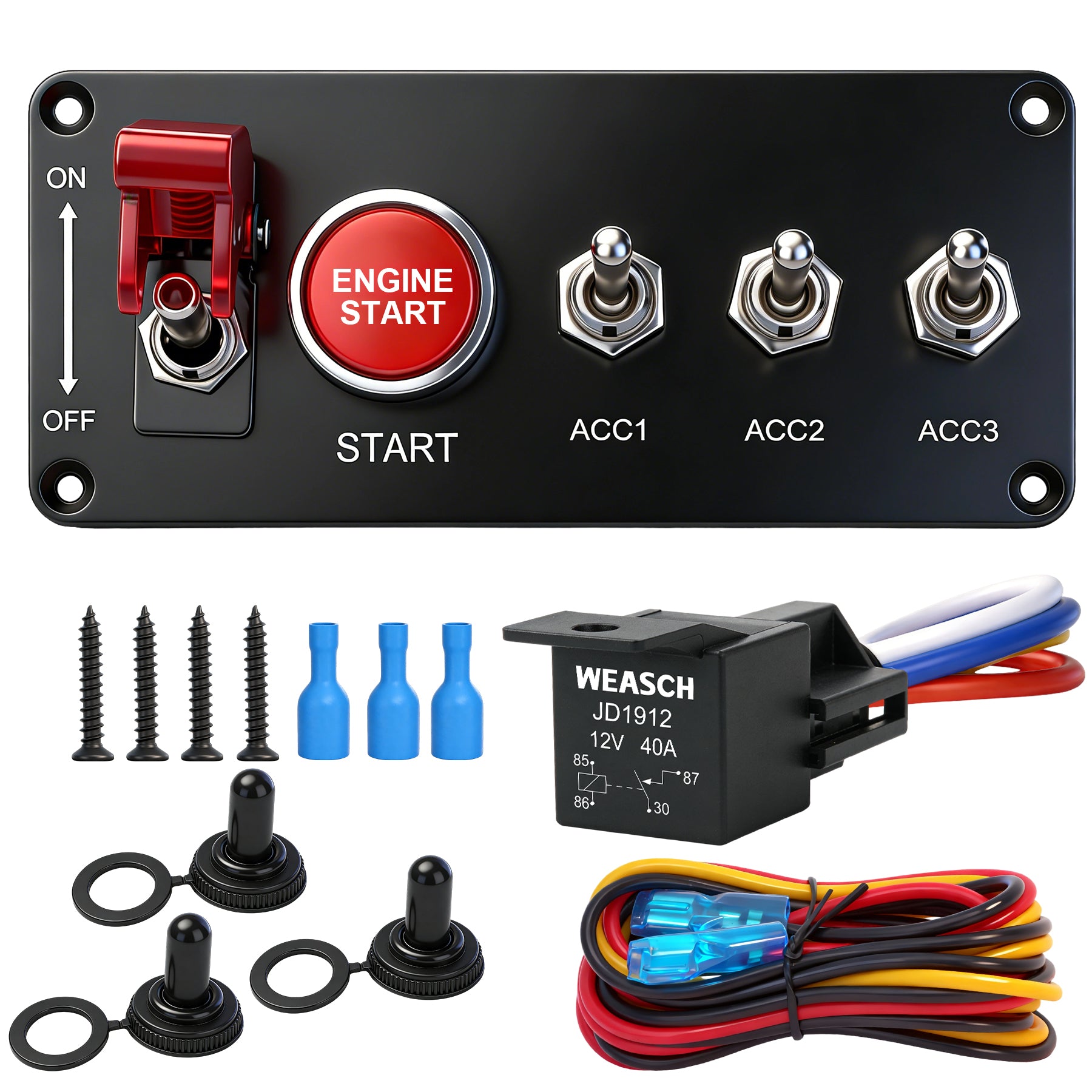 Weasch 12V Ignition Switch Panel, 5 in 1 with Engine Push Button Toggle Switches, with 12AWG Relay Kit for RV Truck Racing Car Boat Marine Trailer-1