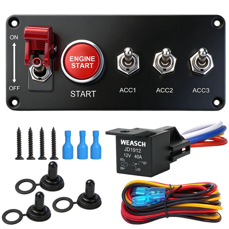 Weasch 12V Ignition Switch Panel, 5 in 1 with Engine Push Button Toggle Switches, with 12AWG Relay Kit for RV Truck Racing Car Boat Marine Trailer-1