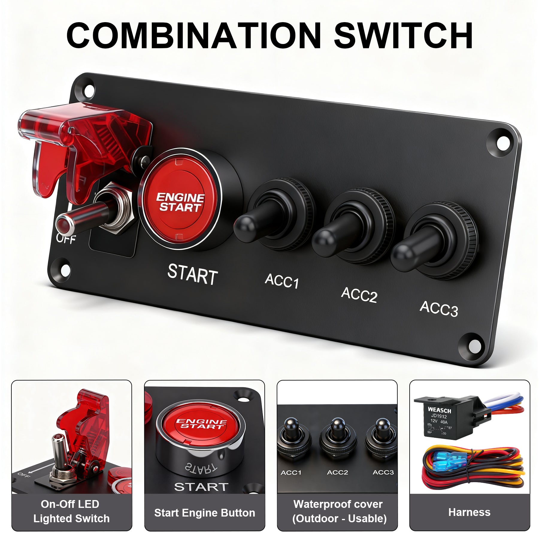 Weasch 12V Ignition Switch Panel, 5 in 1 with Engine Push Button Toggle Switches, with 12AWG Relay Kit for RV Truck Racing Car Boat Marine Trailer