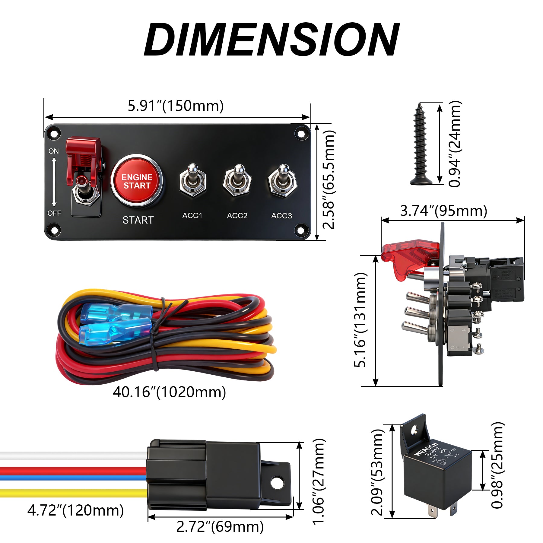 Weasch 12V Ignition Switch Panel, 5 in 1 with Engine Push Button Toggle Switches, with 12AWG Relay Kit for RV Truck Racing Car Boat Marine Trailer-6