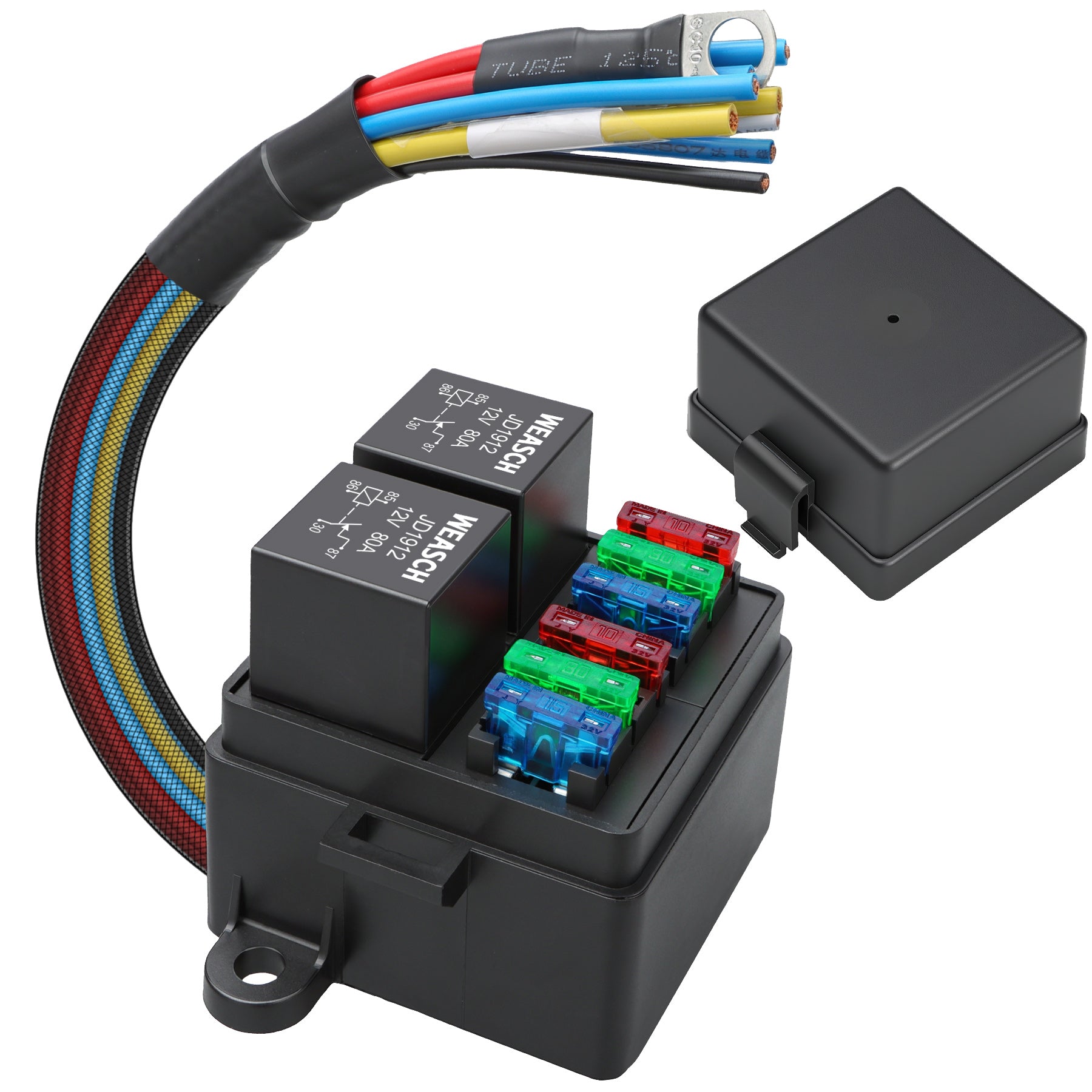 Weasch 12V 80A 6 Way Pre-Wired Fuse Relay Box, 2 Relays and 6 ATC/ATO