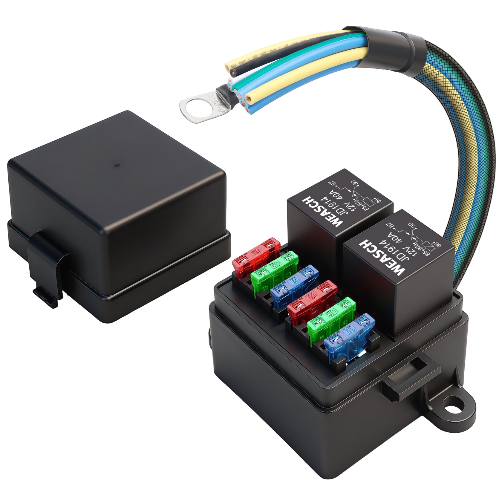 Weasch 12V Pre-Wired Fuse Relay Box, 5-Pin 40A Relay Block and Kit, 2 Relays and 6 ATC/ATO Blade Fuses, for Cars Truck Marine Boat Jeep