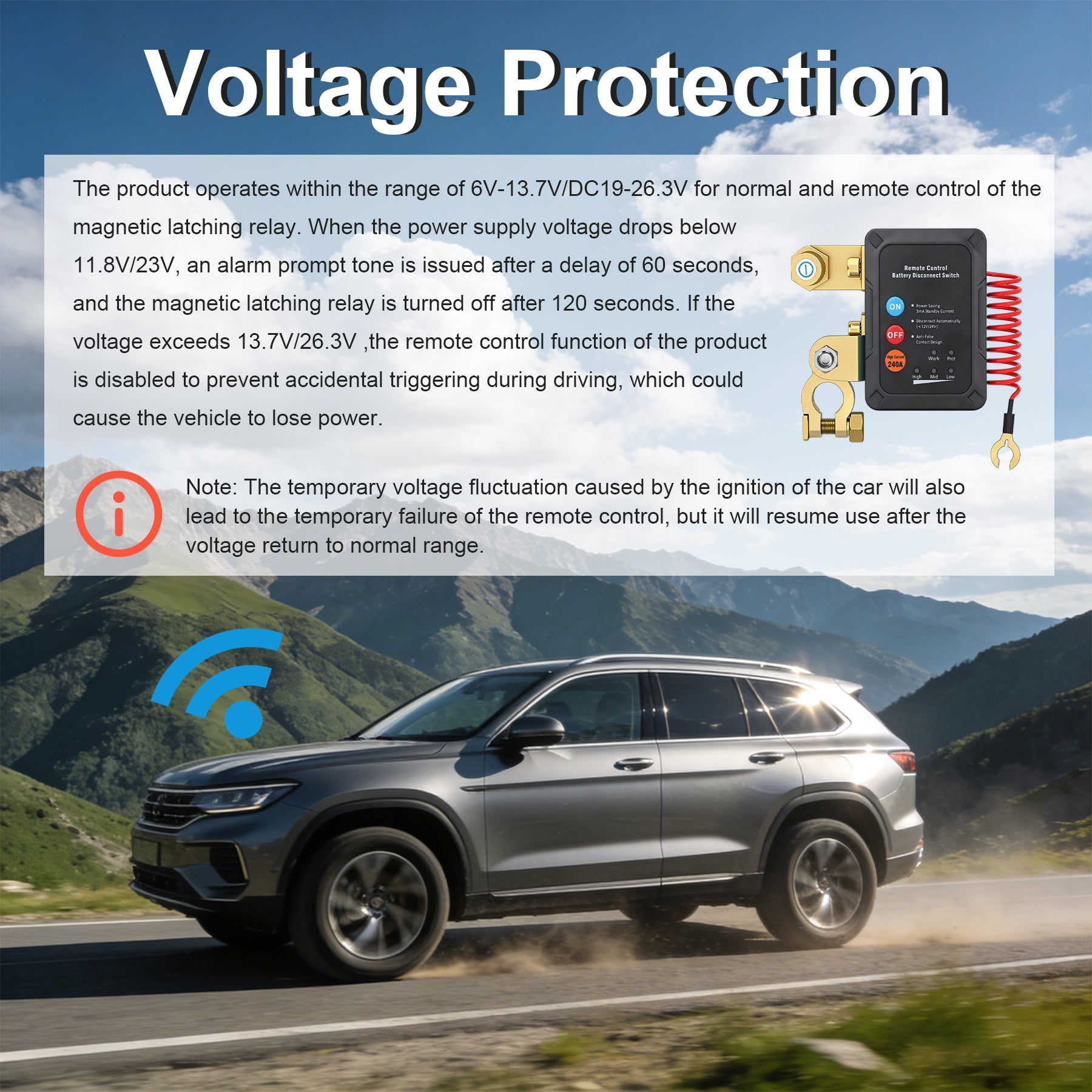 Weasch  12V Remote Battery Disconnect Switch, 240A Smart Voltage Control Battery Kill Switch for Car Anti Theft Battery Shut Off Switch-6