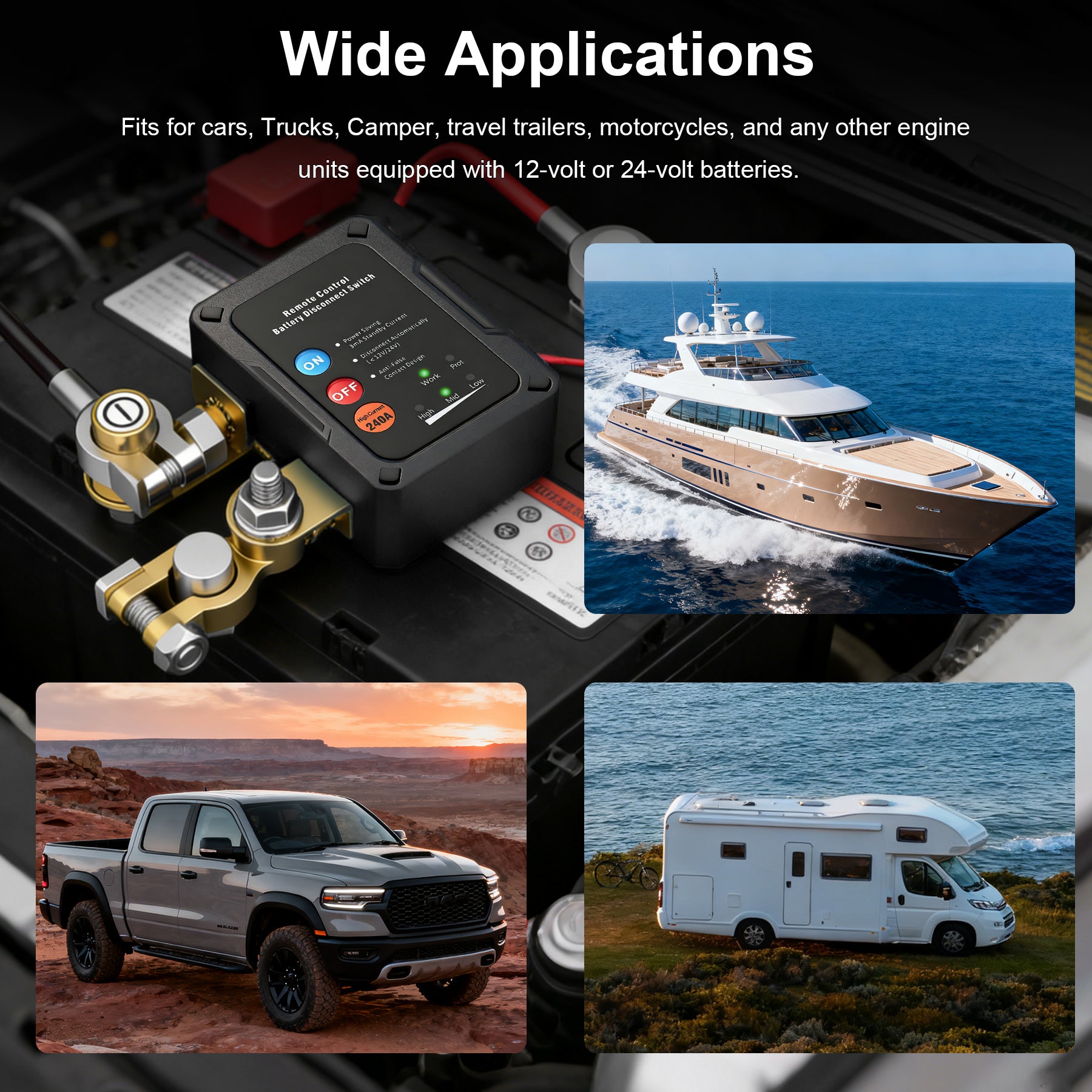 Weasch  12V Remote Battery Disconnect Switch, 240A Smart Voltage Control Battery Kill Switch for Car Anti Theft Battery Shut Off Switch-7