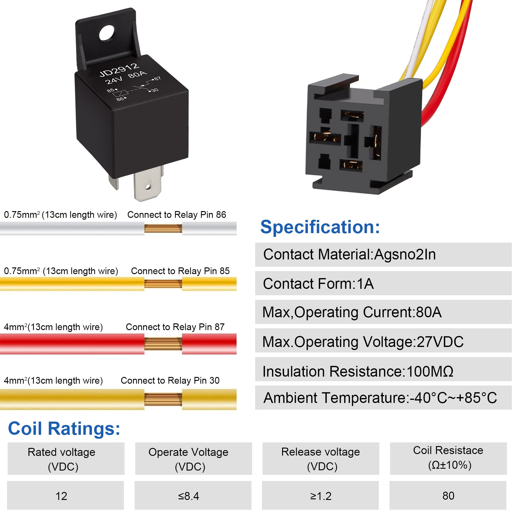Weasch 24V JD2912 80A Heavy Duty Relay with Harness, 4-Pin SPST Normally Open, 4 Wire Automotive Relay Model, for Automotive Car Marine Boat-3