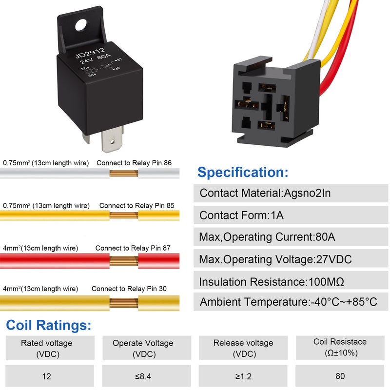 Weasch 24V JD2912 80A Heavy Duty Relay with Harness, 4-Pin SPST Normally Open, 4 Wire Automotive Relay Model, for Automotive Car Marine Boat-3