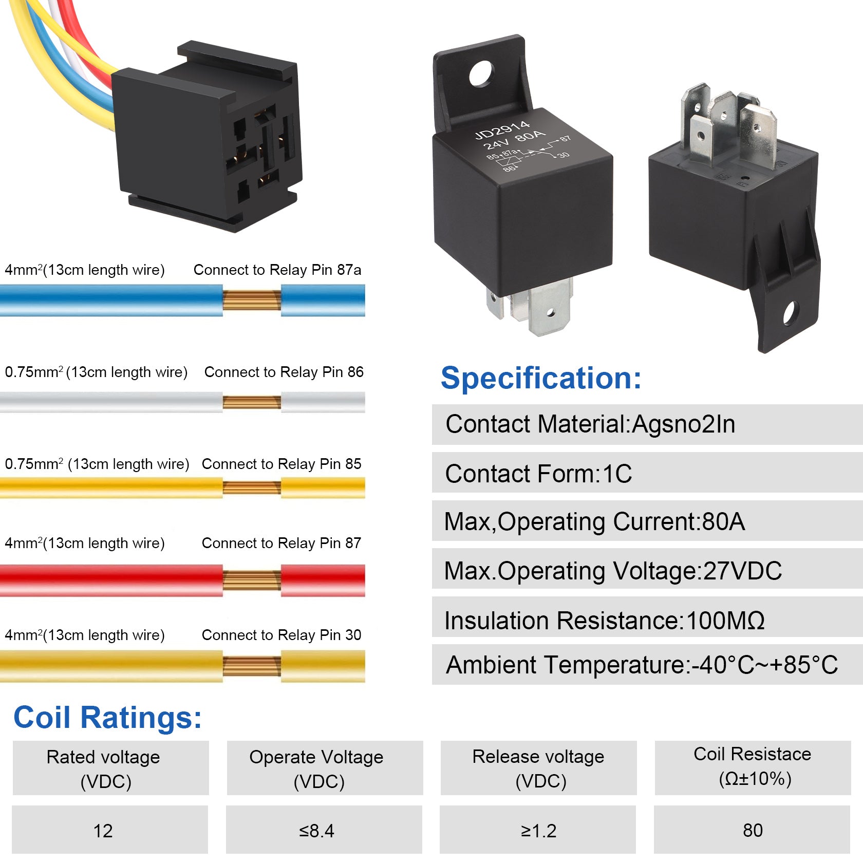 Weasch 24V JD2914 80/60A Heavy Duty Relay with Harness, 5-Pin SPDT, 5 Wire Automotive Relay Model, for Automotive Car Marine Boat-3