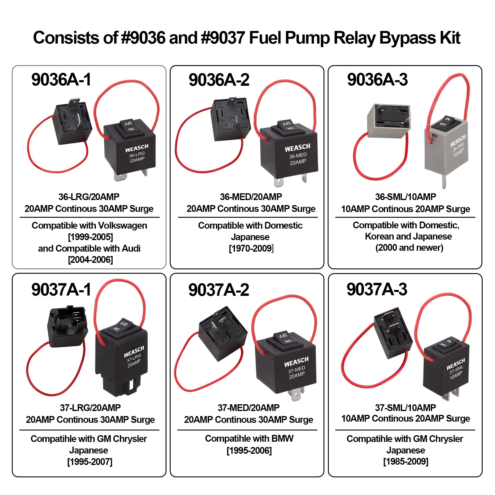 Weasch 9038A Relay Bypass Switch Kit, Amp Loop Fuel Pump Bypass Kit, Relay Tester Pack of 6