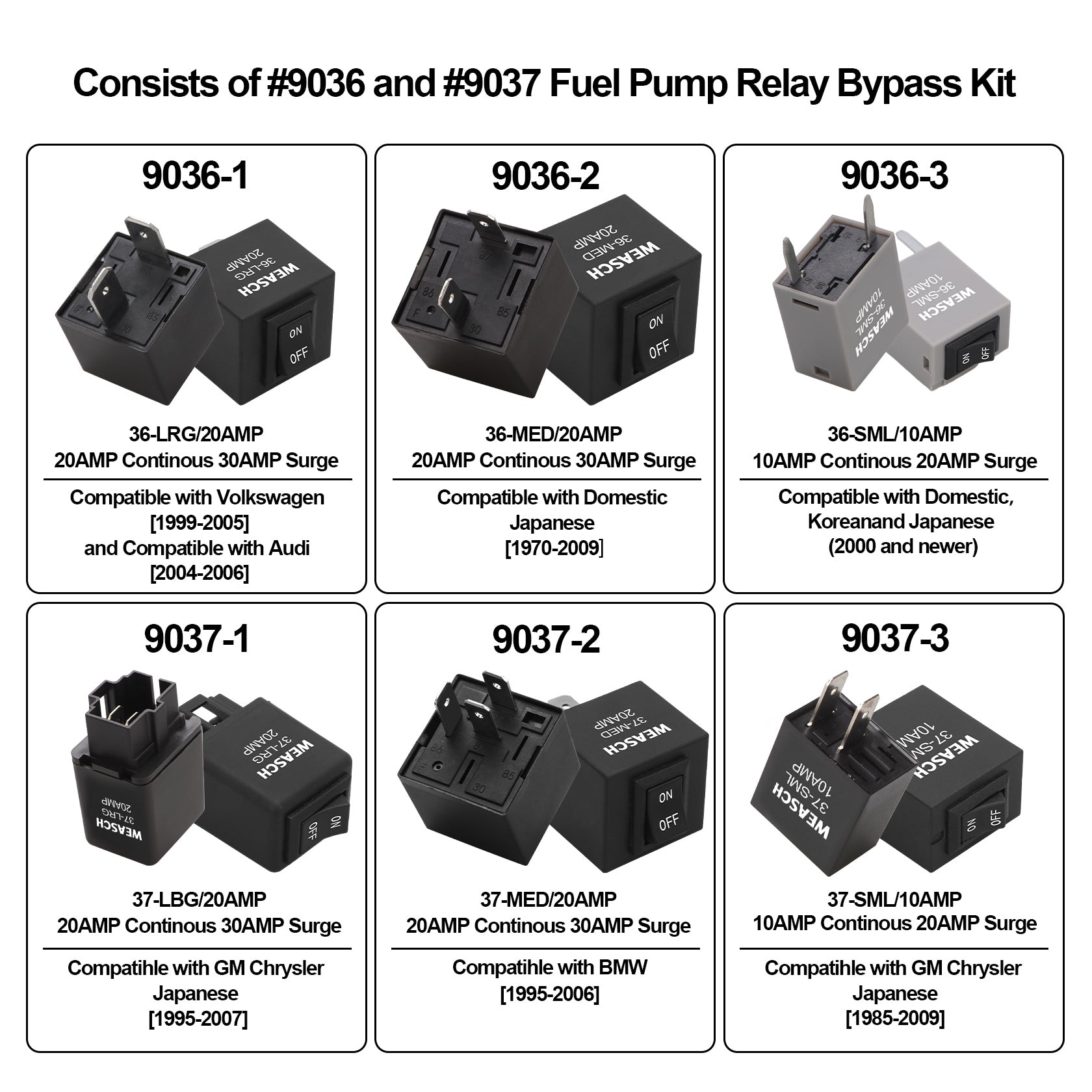Weasch 9038 Relay Bypass Switch, Relay Tester, Fuel Pump Bypass Switch Kit, Pack of 6