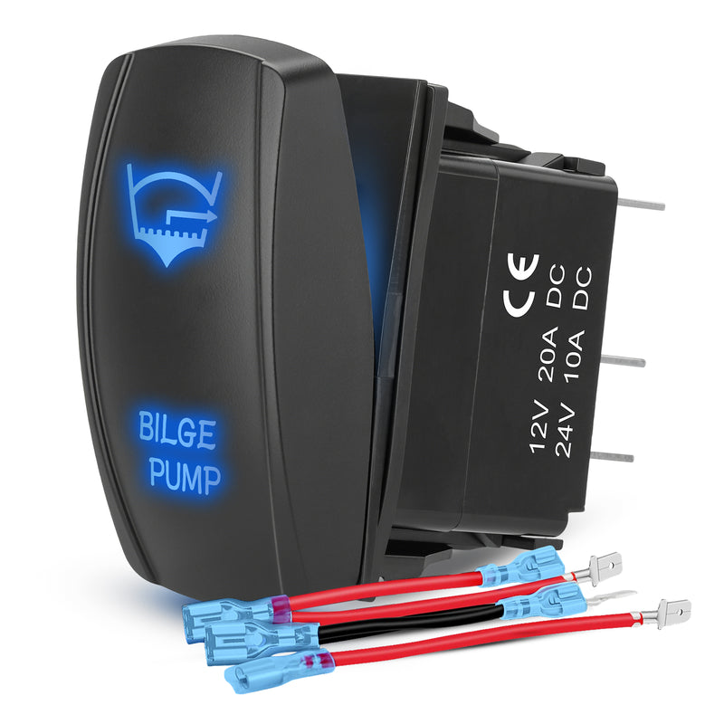Weasch Bilge Pump Latching Rocker Switch, On/Off SPST 5Pin, 20A/12V 10A/24V, with Jumper Wires Set for Marine Fishing Boat Yacht Caravan Vessel RV Camper, Blue-1