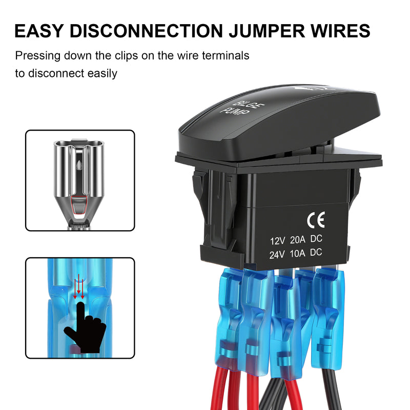 Weasch Bilge Pump Latching Rocker Switch, On/Off SPST 5Pin, 20A/12V 10A/24V, with Jumper Wires Set for Marine Fishing Boat Yacht Caravan Vessel RV Camper, Blue-3