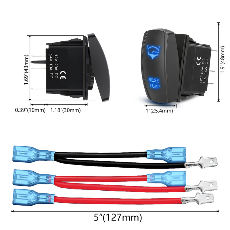 Weasch Bilge Pump Latching Rocker Switch, On/Off SPST 5Pin, 20A/12V 10A/24V, with Jumper Wires Set for Marine Fishing Boat Yacht Caravan Vessel RV Camper, Blue-6