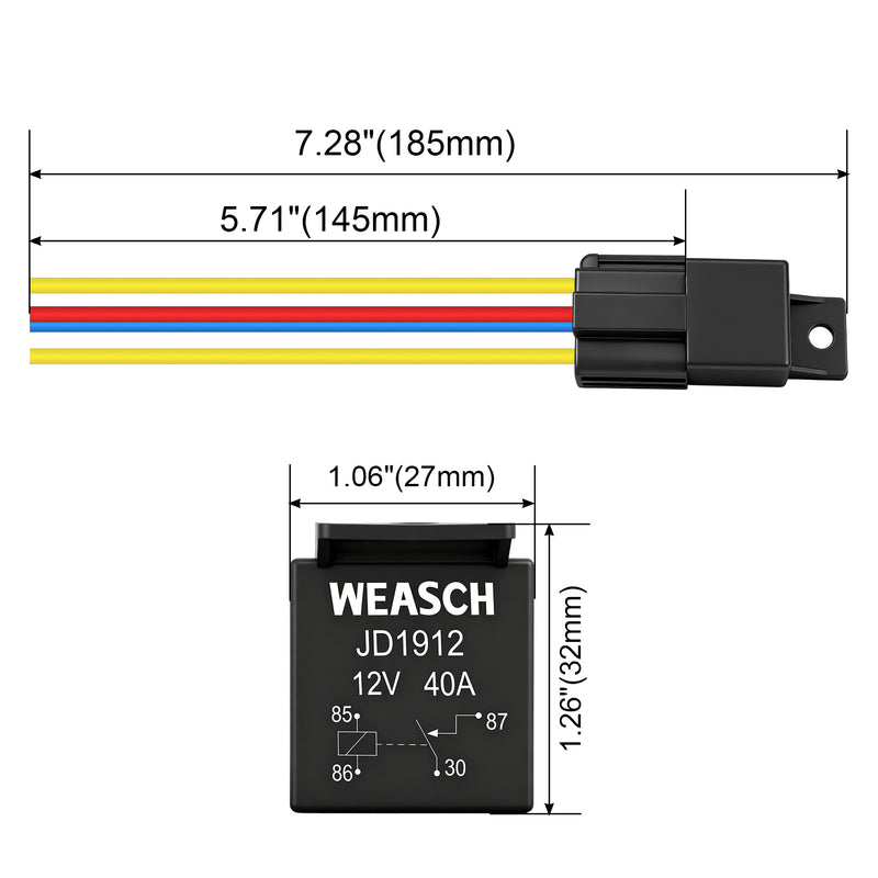 Weasch JD1912 Car Relay Kit, 12V 40A, SPST 4 Pin, 40A Automotive Relay, Automotive Switches and Starters, with Interlocking Relay Socket and Wiring Harness-6