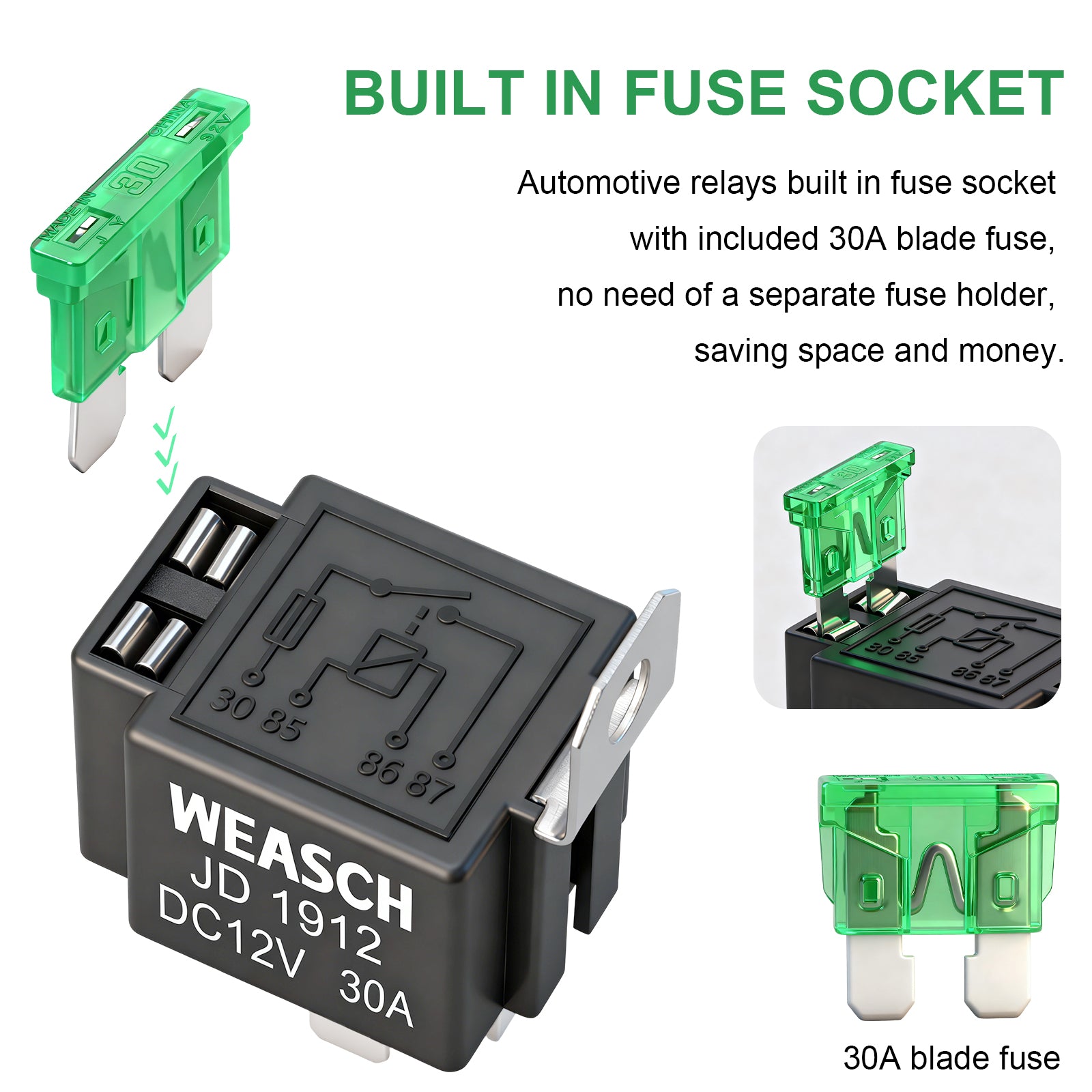 Weasch Fuse Relay Switch Kit, 12V 30A, 4 Pin SPST, 30A Switch Harness Set, Automotive Electrical Relays with 14 AWG Hot Wires