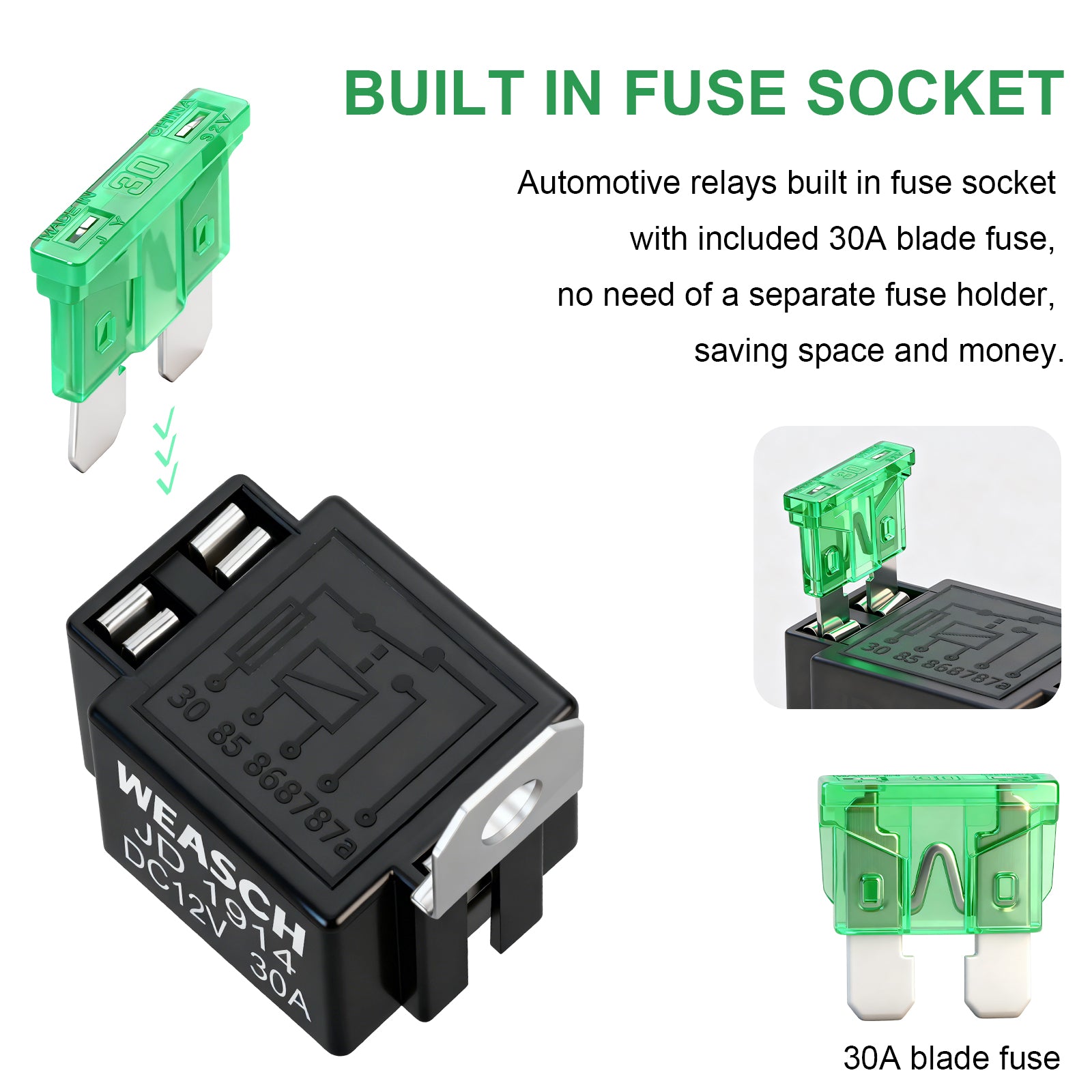 Weasch Fuse Relay Switch Kit, 12V 30A, 5 Pin SPDT, 30A Switch Harness Set, Automotive Electrical Relays with 14 AWG Hot Wires