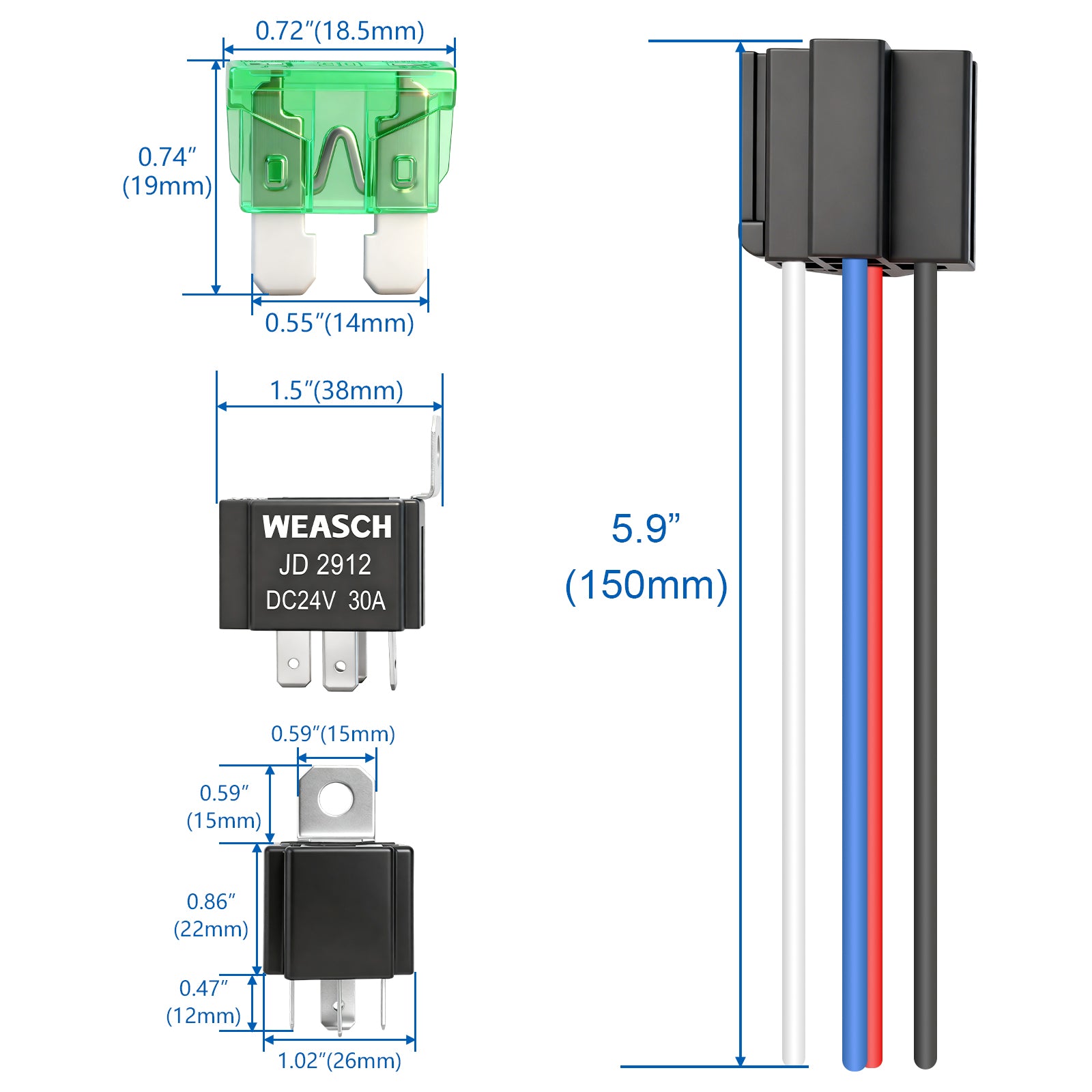 Weasch Fuse Relay Switch Kit, 24V 30A, 4 Pin SPST, 30A Switch Harness Set, Automotive Electrical Relays with 14 AWG Wires-6