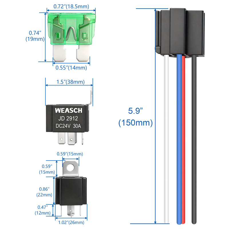 Weasch Fuse Relay Switch Kit, 24V 30A, 4 Pin SPST, 30A Switch Harness Set, Automotive Electrical Relays with 14 AWG Wires-6