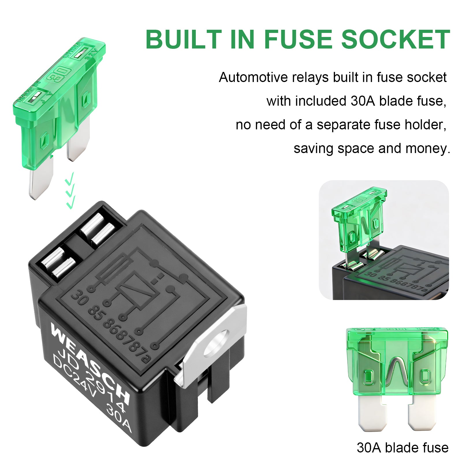 Weasch Fuse Relay Switch Kit, 24V 30A, 5 Pin SPDT, 30A Switch Harness Set, Automotive Electrical Relays with 14 AWG Wires