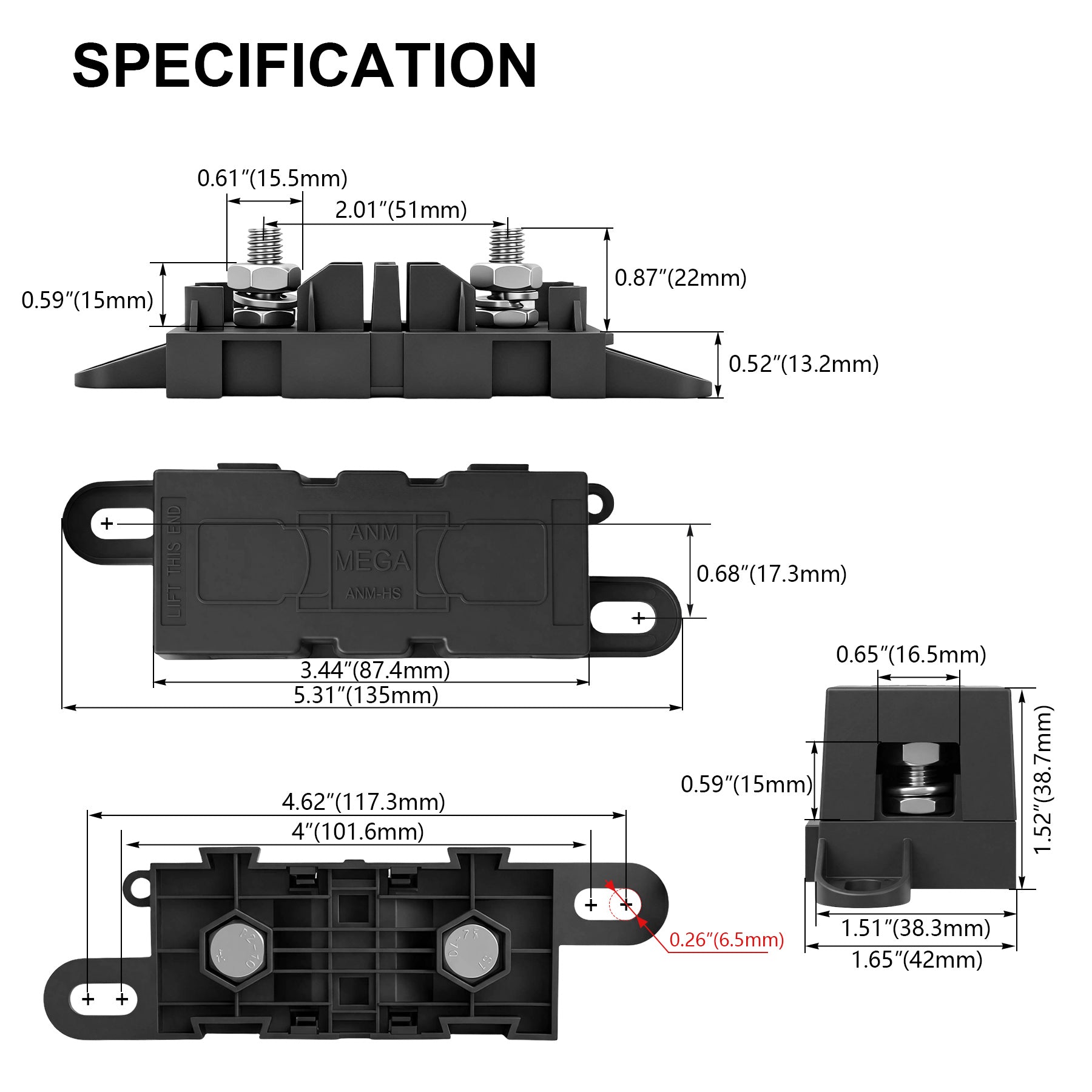 Weasch Heavy Duty MEGA/ANM Fuse Holder, 500A 32V DC / 220V AC Bolt-Down MEGA ANM Fuse Block with Protective Cover, M8 Studs & Interlocking Pins for Automotive Battery Alternator-4
