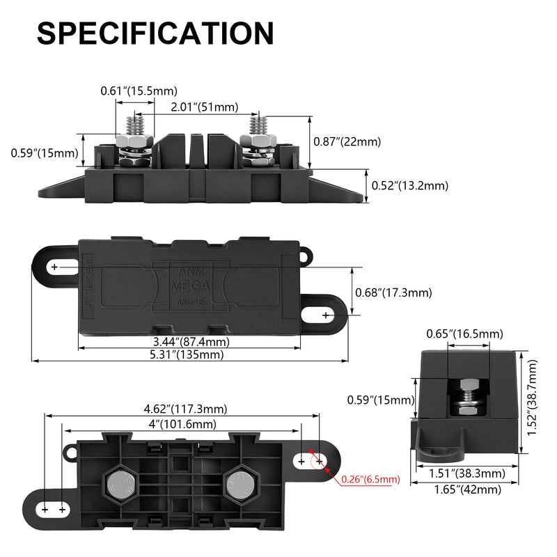 Weasch Heavy Duty MEGA/ANM Fuse Holder, 500A 32V DC / 220V AC Bolt-Down MEGA ANM Fuse Block with Protective Cover, M8 Studs & Interlocking Pins for Automotive Battery Alternator-4