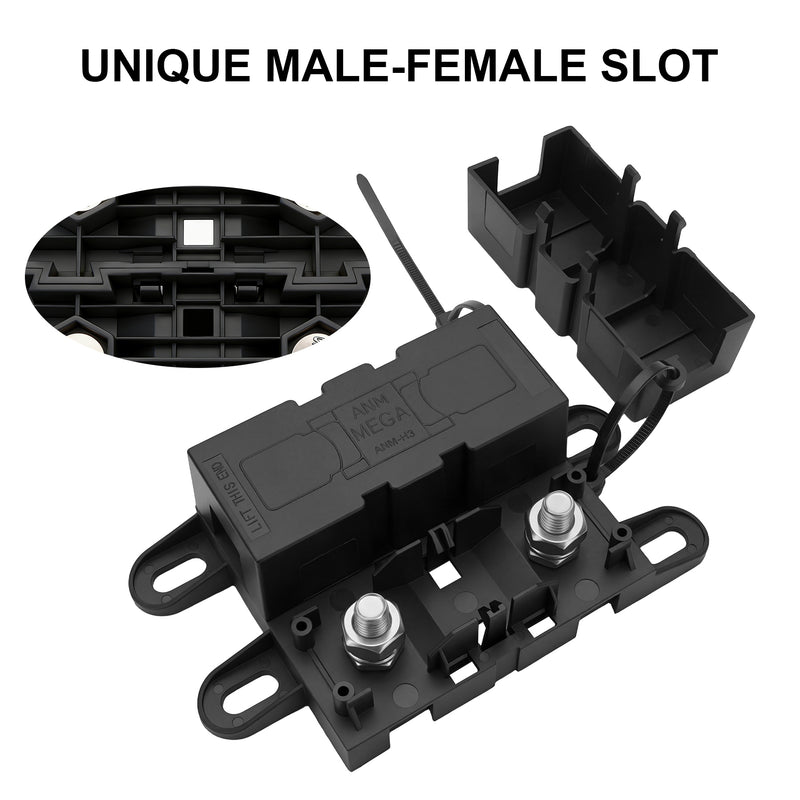 Weasch Heavy Duty MEGA/ANM Fuse Holder, 500A 32V DC / 220V AC Bolt-Down MEGA ANM Fuse Block with Protective Cover, M8 Studs & Interlocking Pins for Automotive Battery Alternator-5