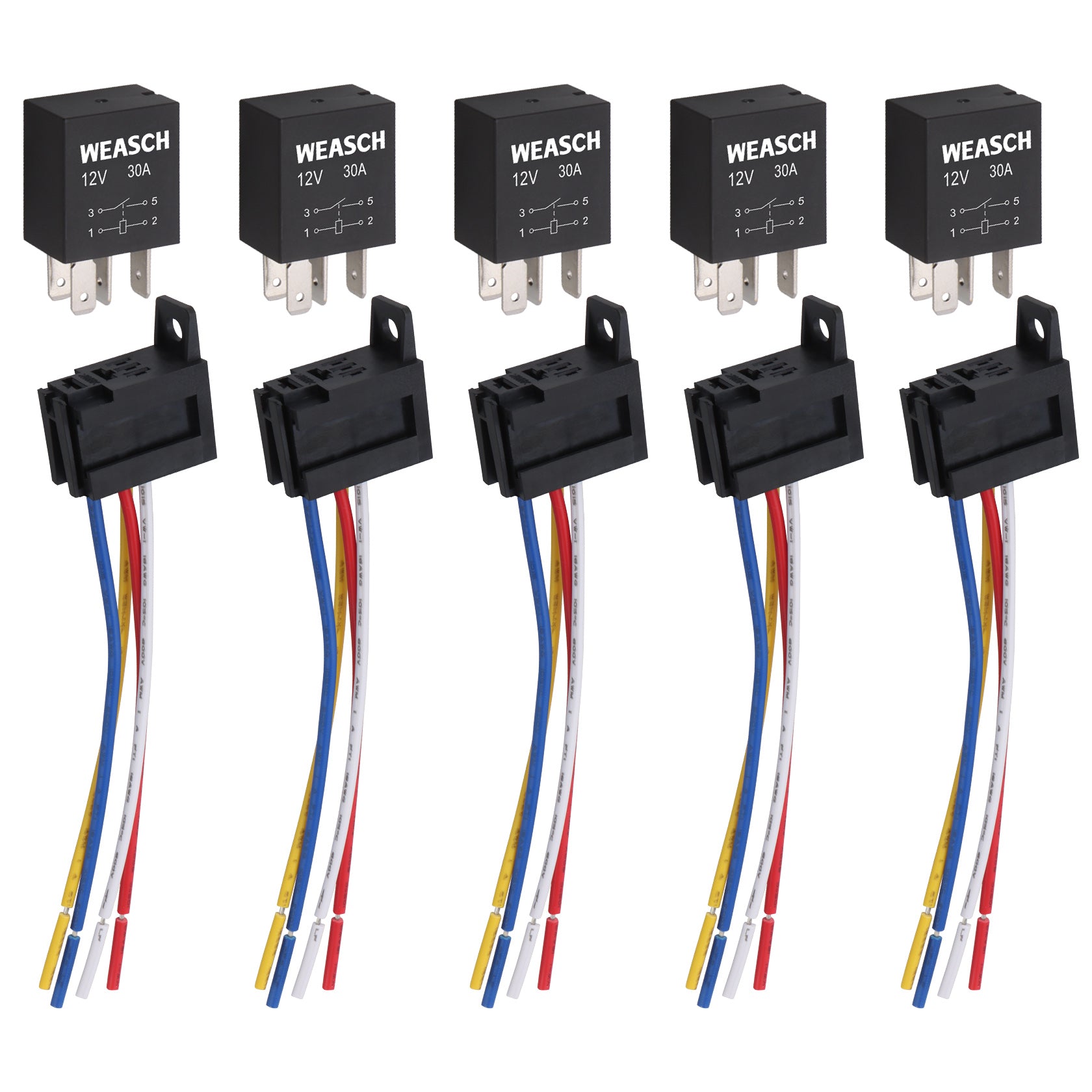 Weasch 5 Pack Heavy Duty Standard Relay, 12V 30A, SPST 4Pin, with Wire Socket Plug Harness, Multi-Purpose Replacement Automotive Relay-1