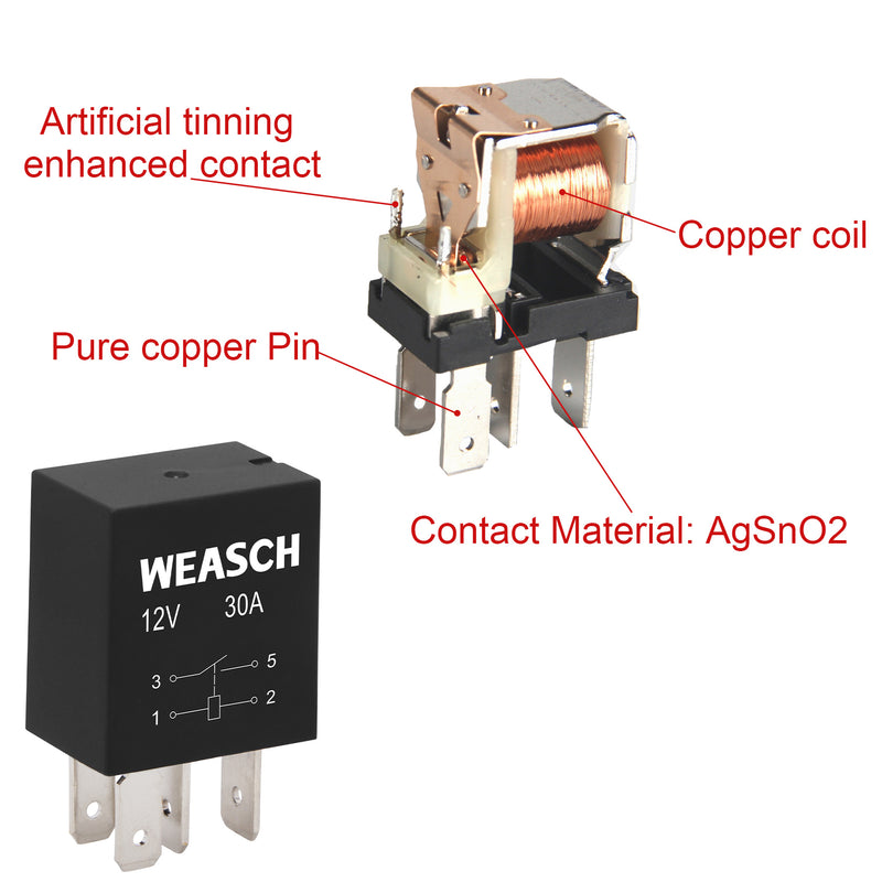 Weasch 5 Pack Heavy Duty Standard Relay, 12V 30A, SPST 4Pin, with Wire Socket Plug Harness, Multi-Purpose Replacement Automotive Relay-2