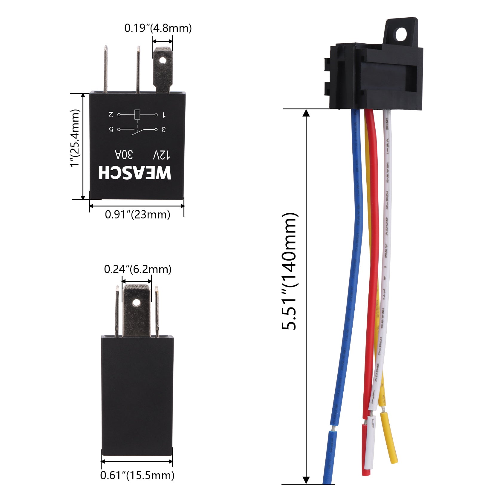 Weasch 5 Pack Heavy Duty Standard Relay, 12V 30A, SPST 4Pin, with Wire Socket Plug Harness, Multi-Purpose Replacement Automotive Relay-5