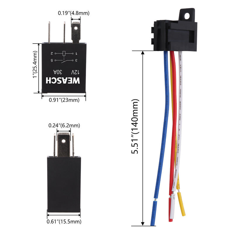 Weasch 5 Pack Heavy Duty Standard Relay, 12V 30A, SPST 4Pin, with Wire Socket Plug Harness, Multi-Purpose Replacement Automotive Relay-5