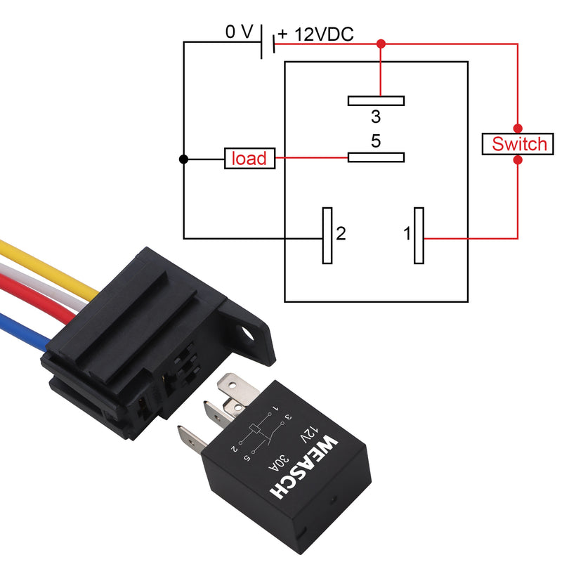Weasch 5 Pack Heavy Duty Standard Relay, 12V 30A, SPST 4Pin, with Wire Socket Plug Harness, Multi-Purpose Replacement Automotive Relay-7